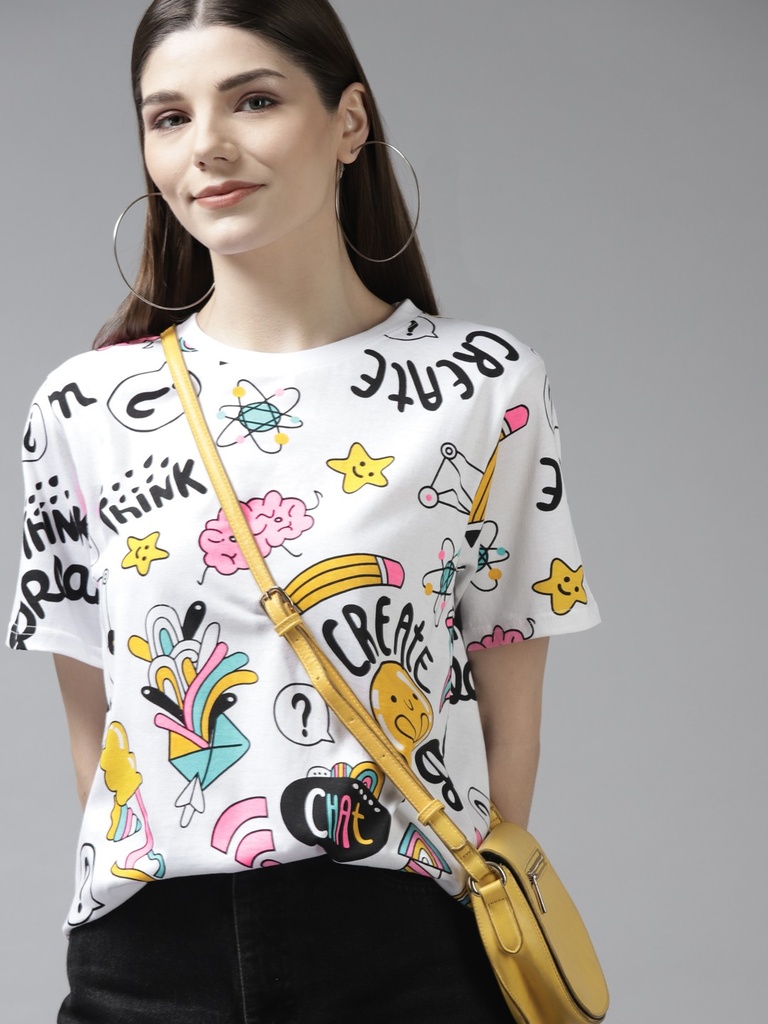 Women Conversational Printed Oversize Half Sleeve Cotton T-shirt